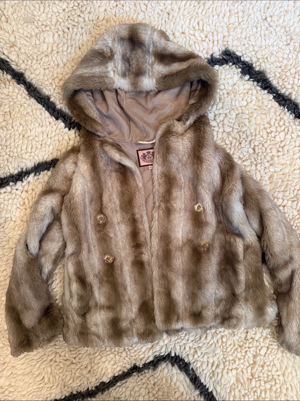 Juicy Couture Girls' Faux Fur Hooded Pea Coat - Taupe Brown